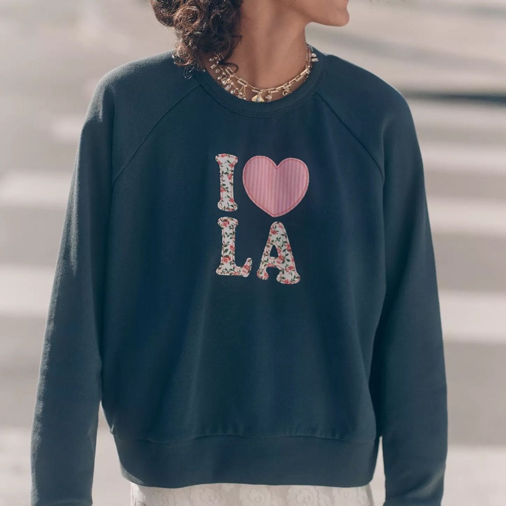 Anthropologie Letluv “I ❤️ LA” Patchwork Sweatshirt Top in Vintage Black NWT S